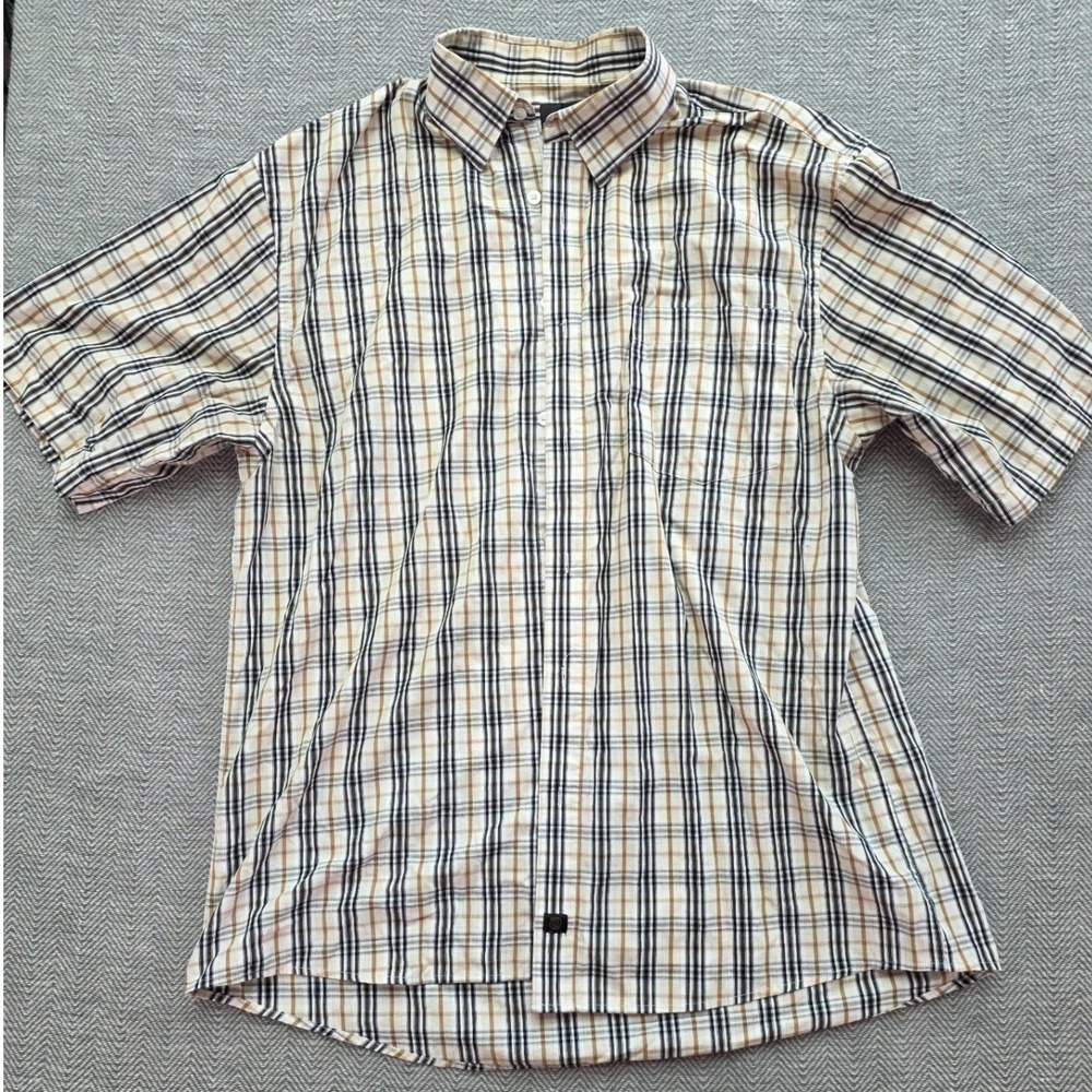 F/X Fusion Mens XL Plaid Short Sleeve Button Down Shirt Tan Black White Check